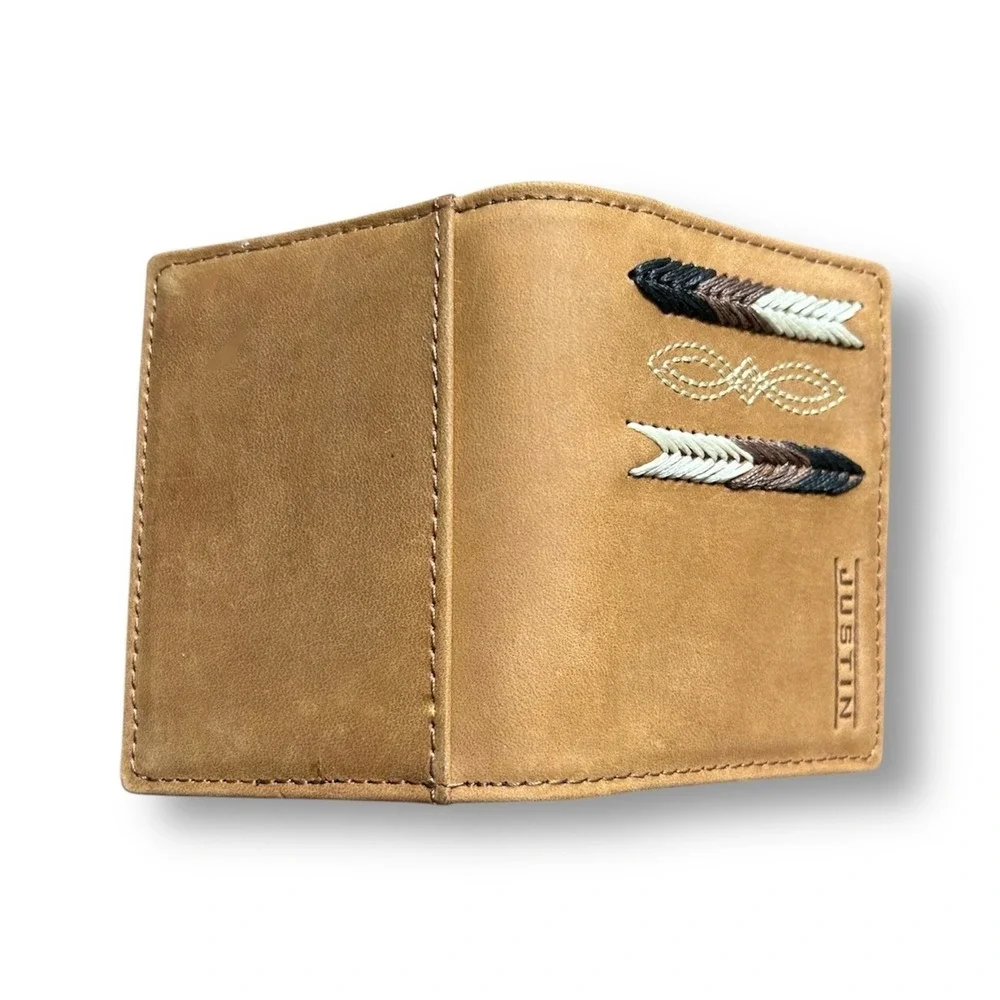 Justin Genuine Embroidered Leather RFID Brown Bifold Wallet Western‎ Trim Cowboy